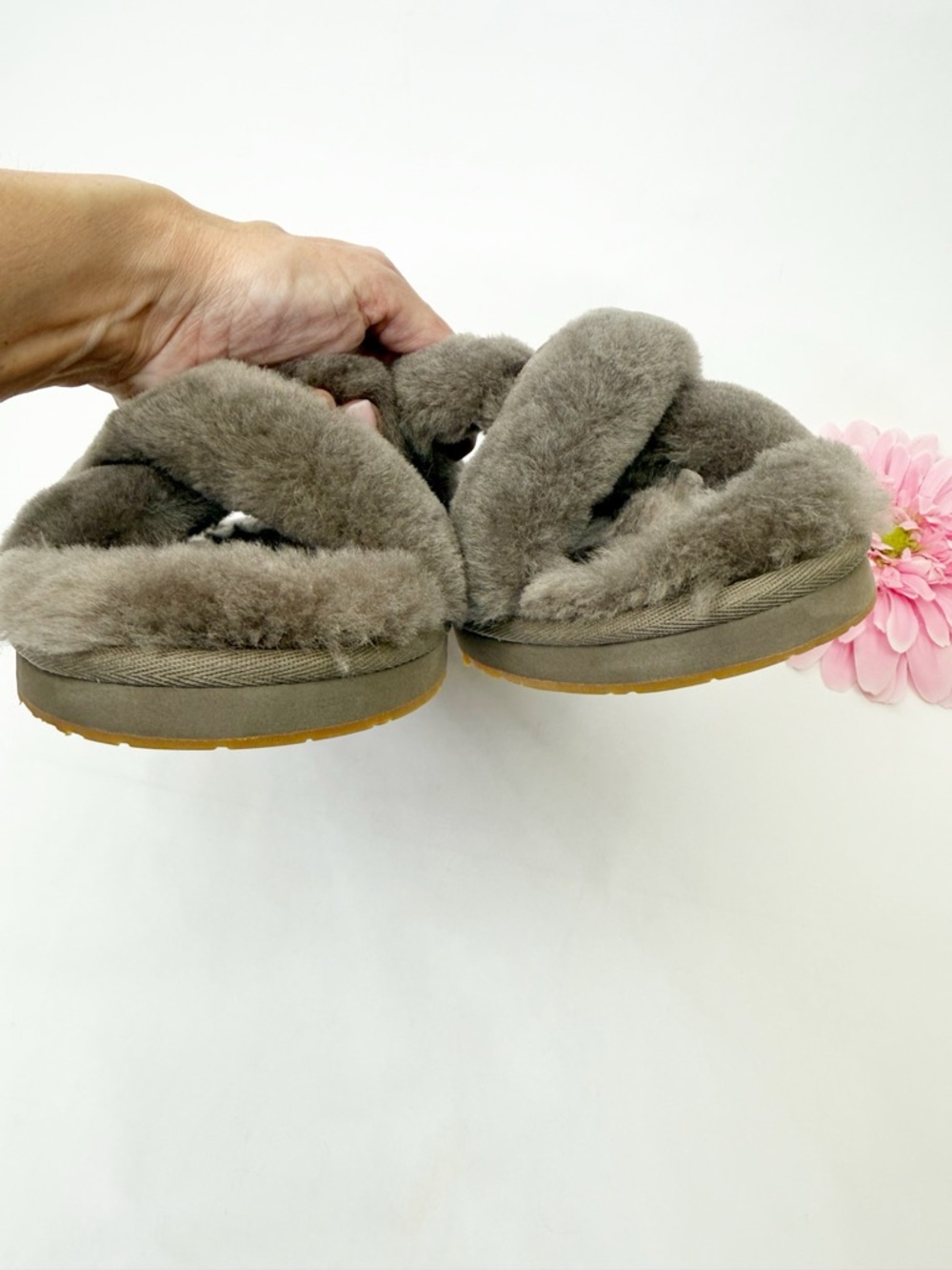 UGG Abela Slippers Criss Cross Sheepskin Fluffy Slate Grey Brown - Picture 4 of 12